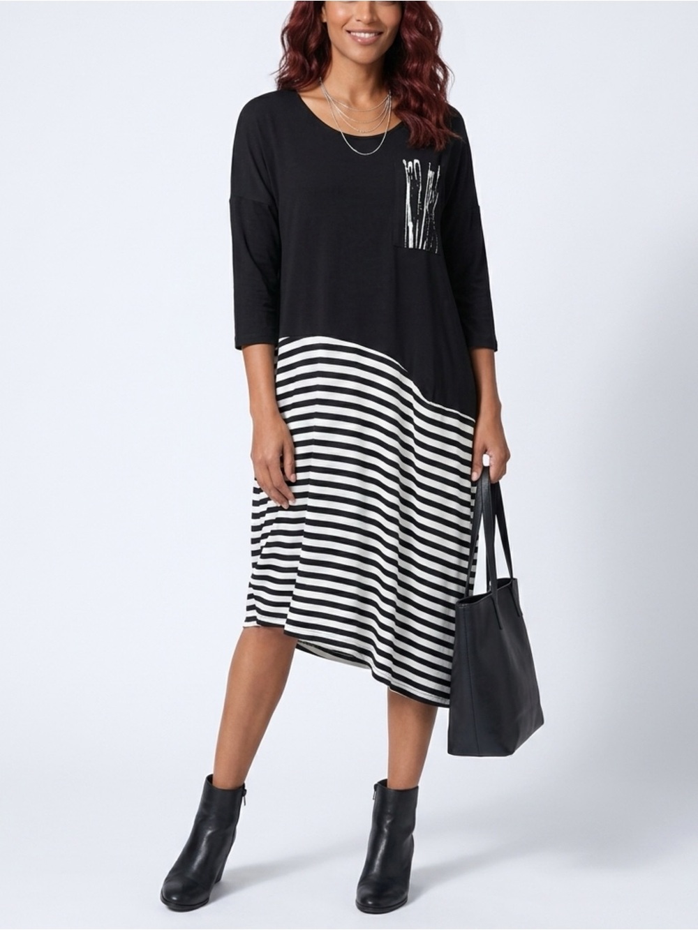 Lee Andersen Artsy Asymmetrical Midi Dress Black White Striped Lagenlook
